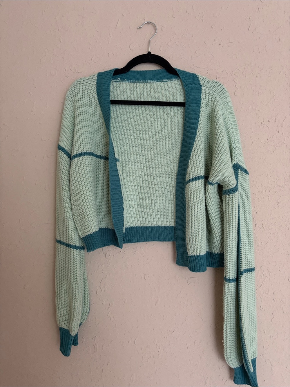 Women’s Mint Green Cropped Cardigan with Teal Trim
